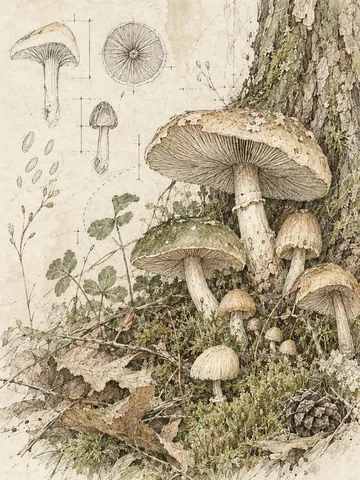 A cluster of mushrooms at the base of a tree in cream, taupe, sage, sand; portrait artwork.