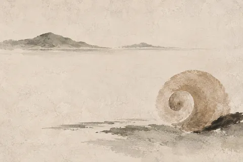 A snail shell spiral in cream, stone, gray; landscape artwork.