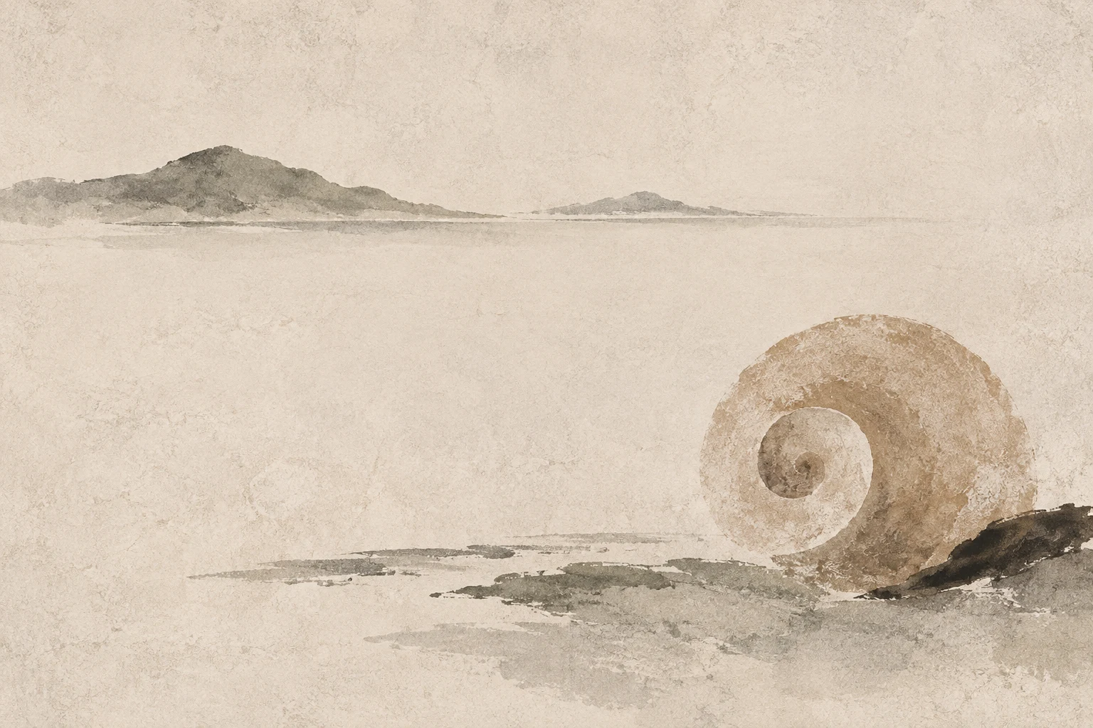 A snail shell spiral in cream, stone, gray; landscape artwork.