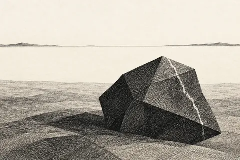 A stone with one white vein in white, stone, charcoal, black; landscape artwork.