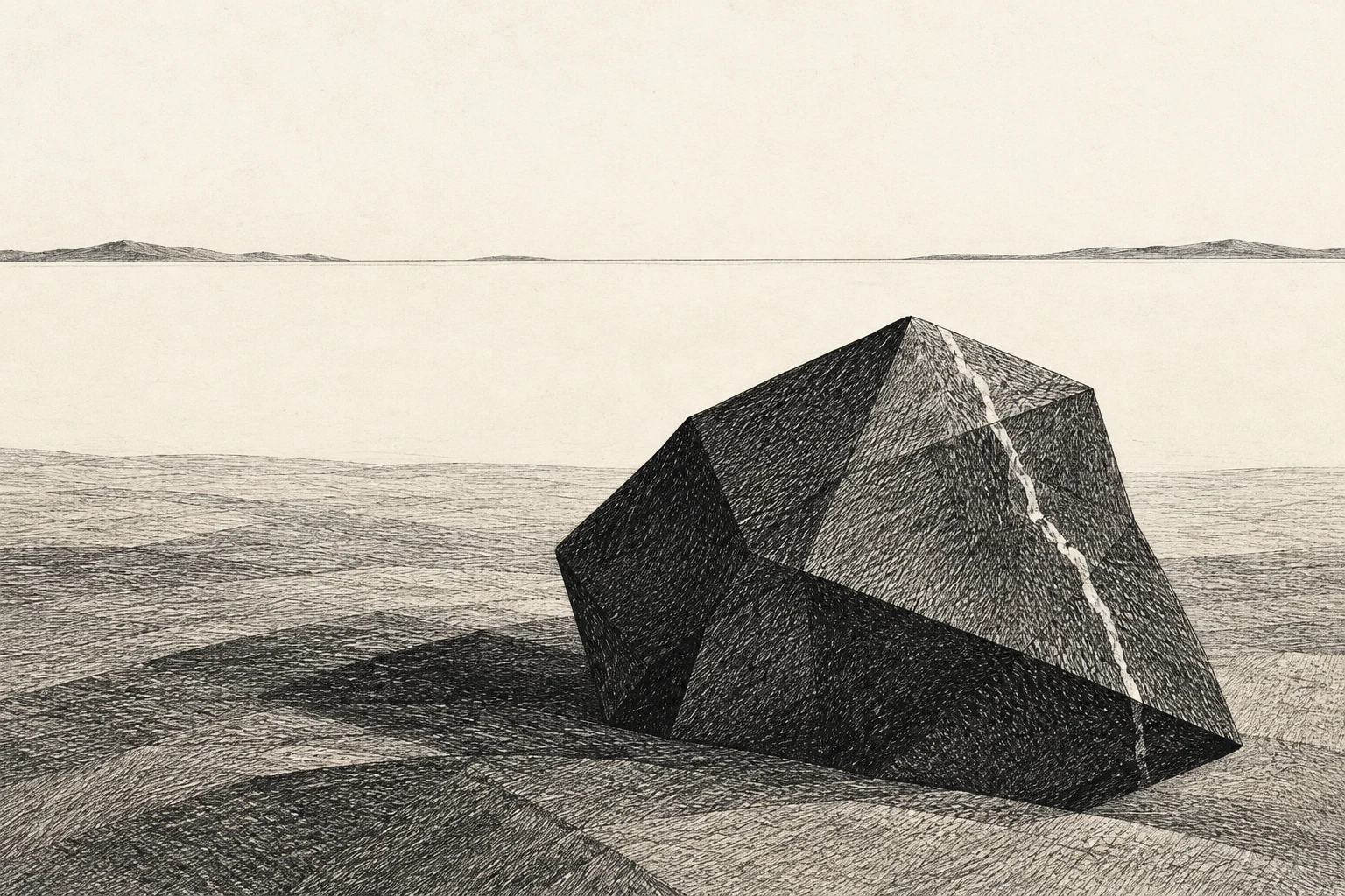 A stone with one white vein in white, stone, charcoal, black; landscape artwork.