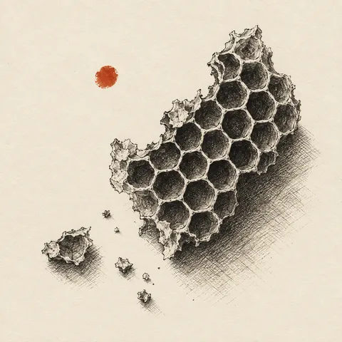 A honeycomb fragment in cream, charcoal, gray; square artwork.