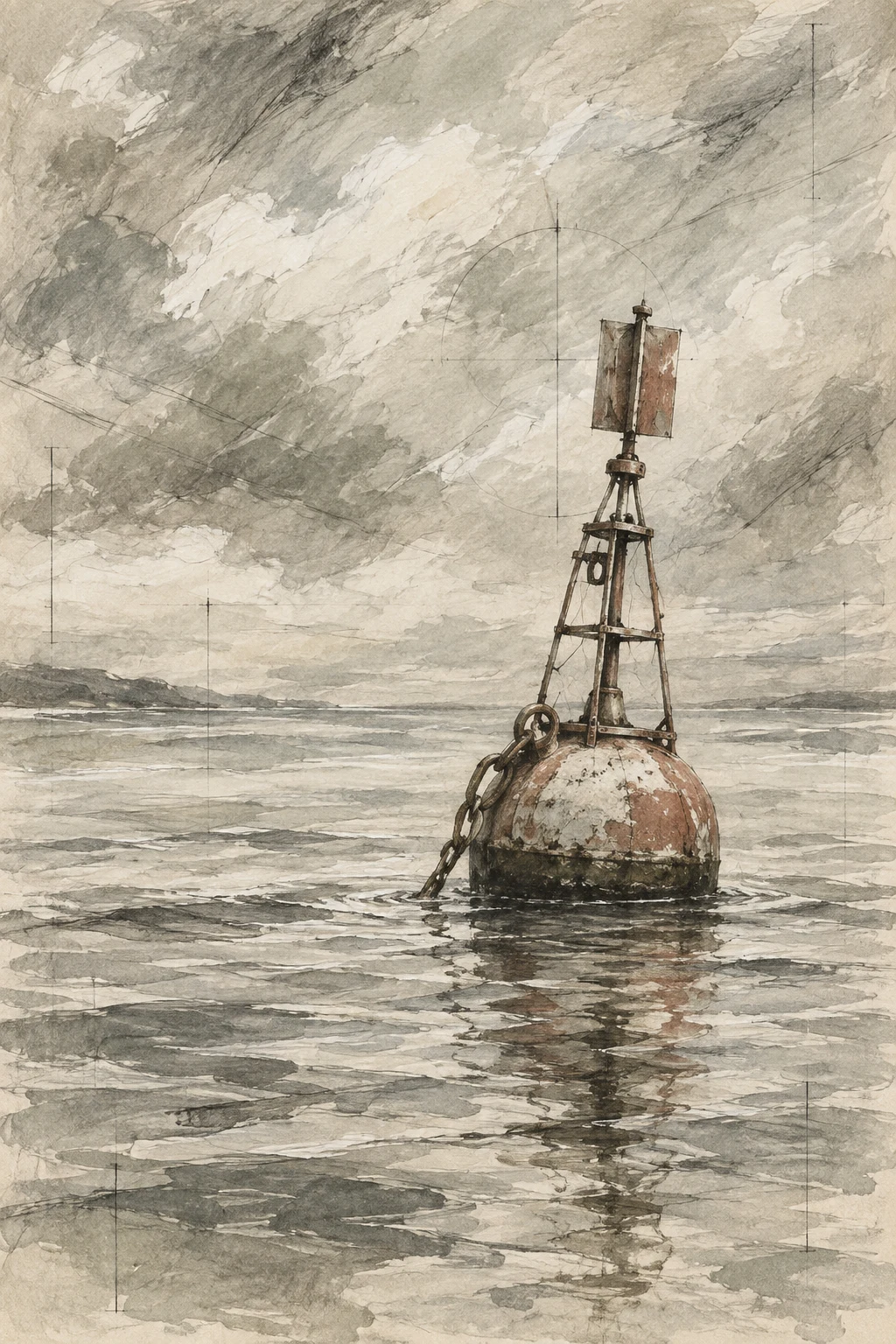 A buoy alone on gray water in stone, gray, sand, cream; portrait artwork.