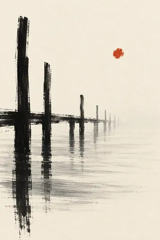A wooden pier of thin posts marching into fog in white, cream, charcoal, stone; portrait artwork.