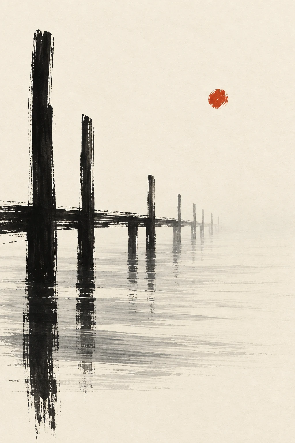 A wooden pier of thin posts marching into fog in white, cream, charcoal, stone; portrait artwork.