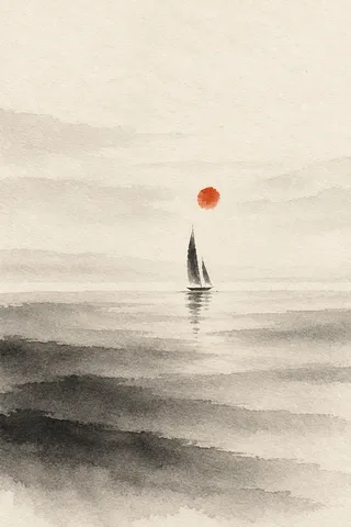 A single distant sail reduced to two strokes in cream, white, sand, stone; portrait artwork.