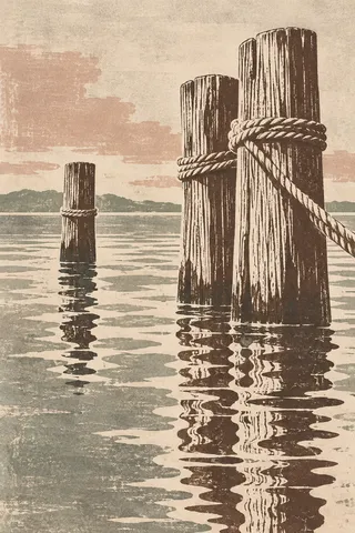 Mooring posts and their reflections in sand, stone, sage, brown; portrait artwork.