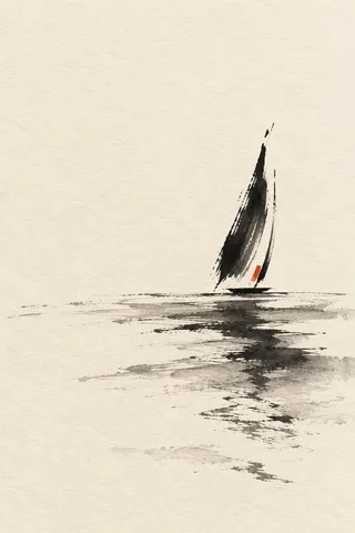 A single distant sail reduced to two strokes in cream, white, sand; portrait artwork.