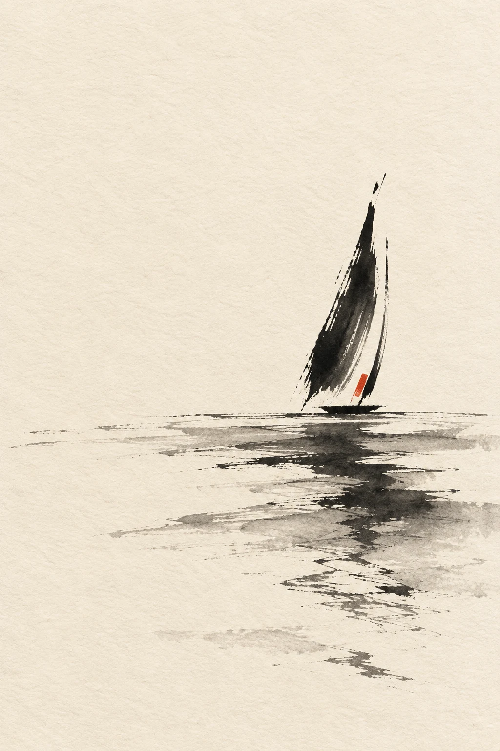 A single distant sail reduced to two strokes in cream, white, sand; portrait artwork.