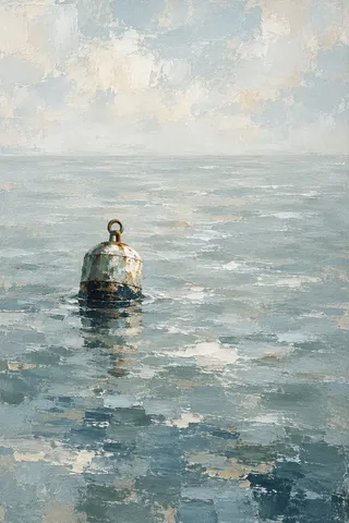A buoy alone on gray water in stone, gray, cream, blue; portrait artwork.