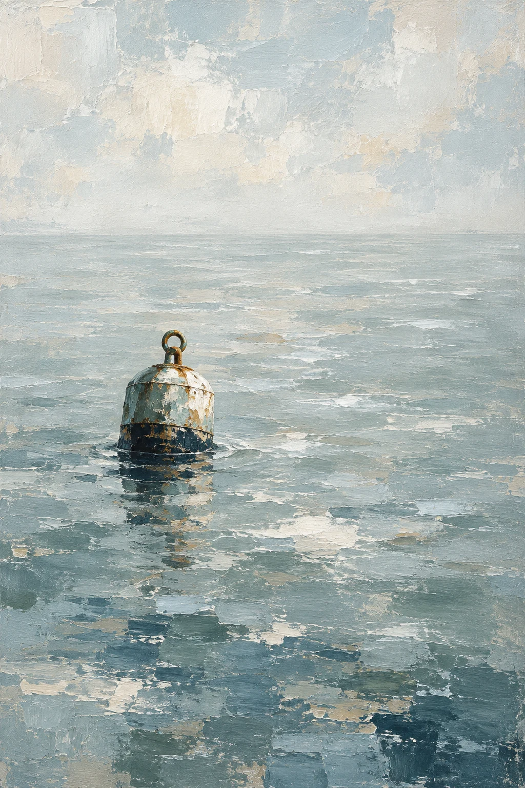 A buoy alone on gray water in stone, gray, cream, blue; portrait artwork.