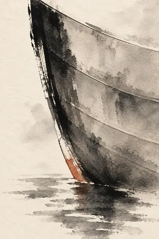 A boat hull curve entering from one edge in cream, stone, gray, olive; portrait artwork.