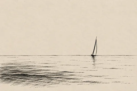 A single distant sail reduced to two strokes in cream, sand; landscape artwork.
