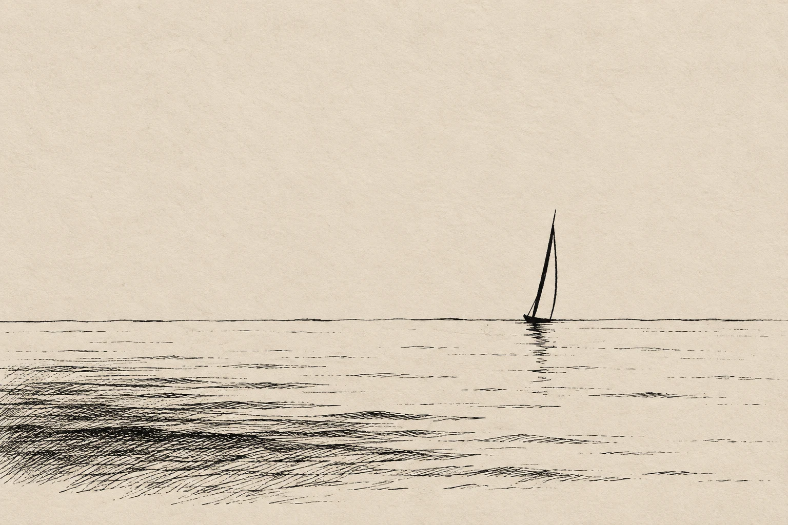 A single distant sail reduced to two strokes in cream, sand; landscape artwork.
