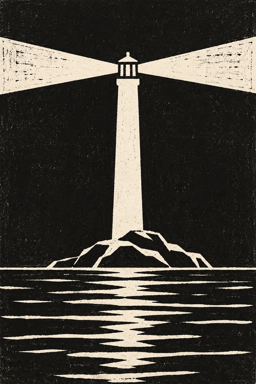 A lighthouse reduced to one pale vertical in black, cream, taupe; portrait artwork.