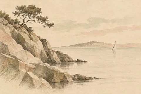 A single distant sail reduced to two strokes in cream, sand, stone, taupe; landscape artwork.