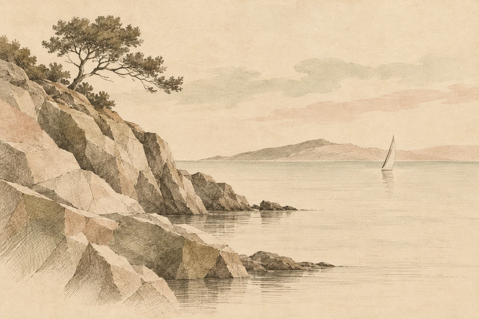 A single distant sail reduced to two strokes in cream, sand, stone, taupe; landscape artwork.