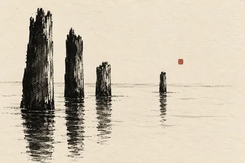 Mooring posts and their reflections in cream, charcoal; landscape artwork.