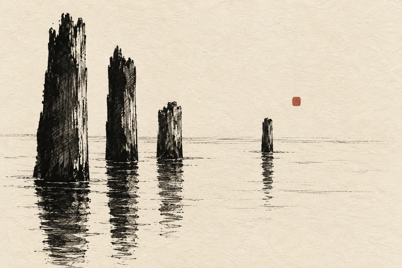 Mooring posts and their reflections in cream, charcoal; landscape artwork.