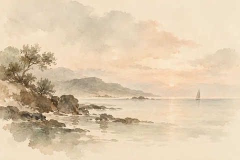 A single distant sail reduced to two strokes in cream, stone, taupe; landscape artwork.