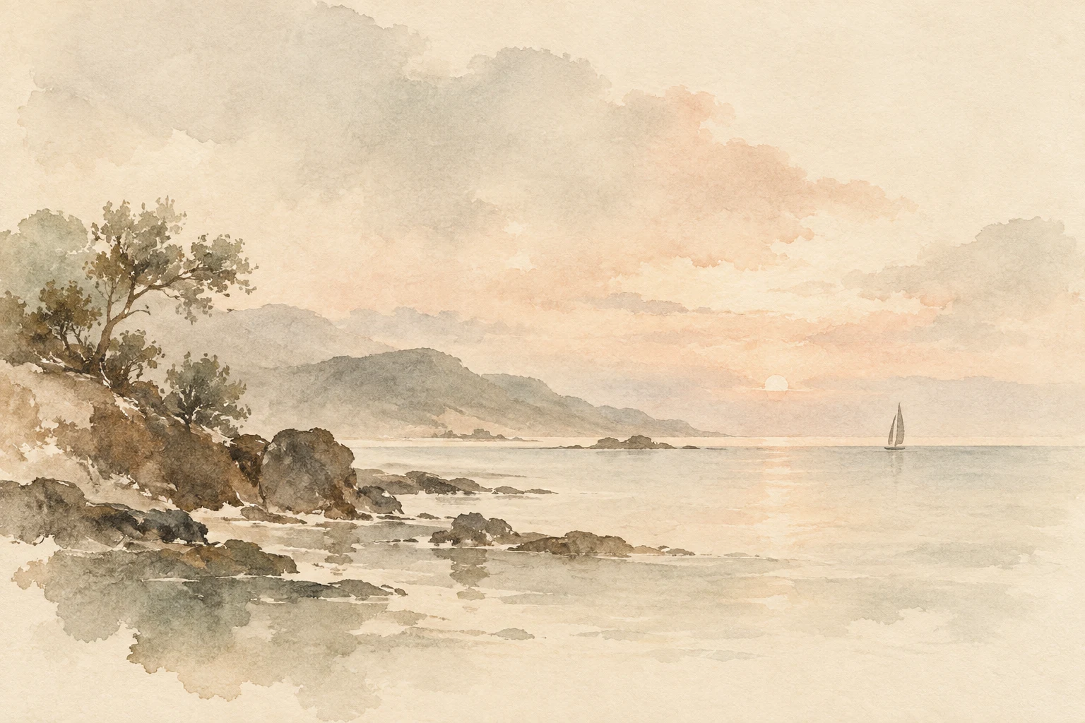 A single distant sail reduced to two strokes in cream, stone, taupe; landscape artwork.