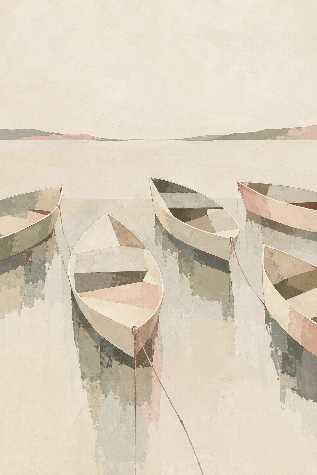 A row of small boats at rest, from above in cream, stone, gray; portrait artwork.