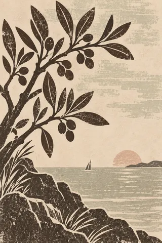 A single distant sail reduced to two strokes in cream, stone, sand, charcoal; portrait artwork.
