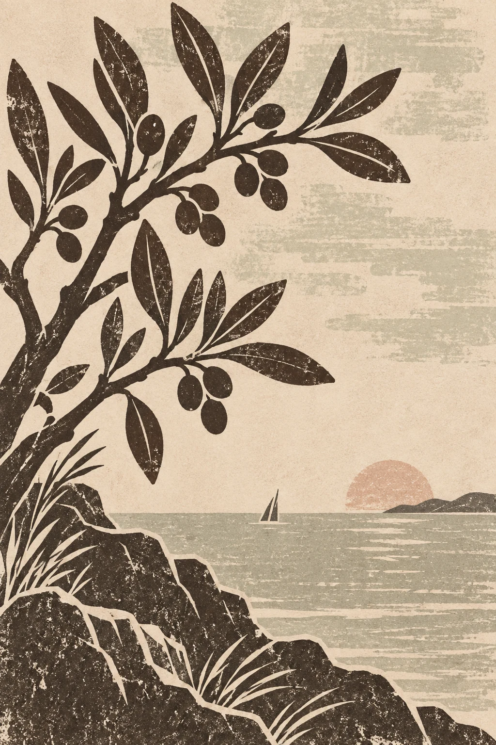 A single distant sail reduced to two strokes in cream, stone, sand, charcoal; portrait artwork.