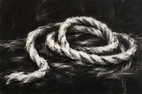 An anchor rope coiled in black, charcoal, stone; landscape artwork.