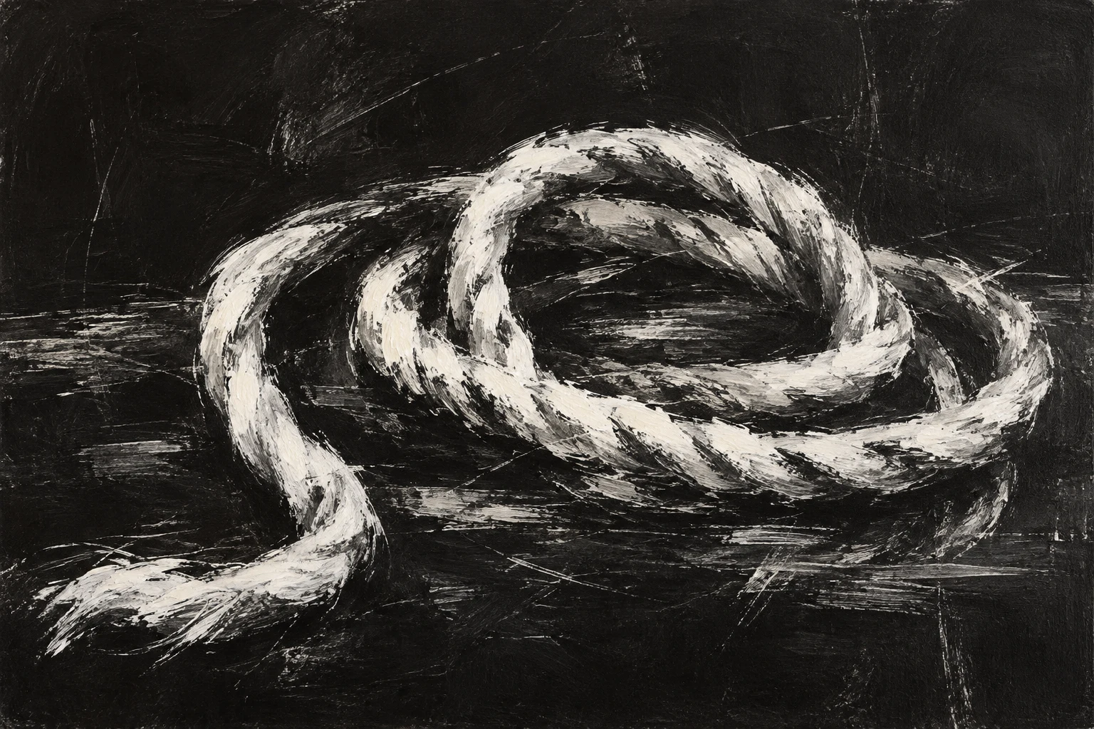 An anchor rope coiled in black, charcoal, stone; landscape artwork.
