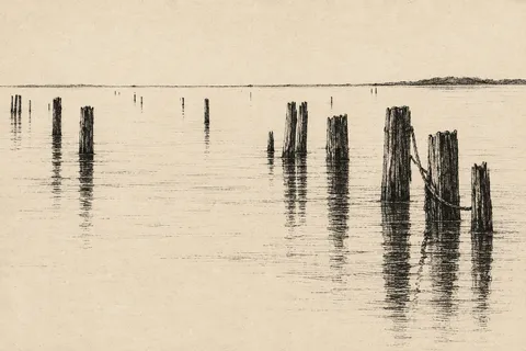 Mooring posts and their reflections in cream, olive, stone; landscape artwork.