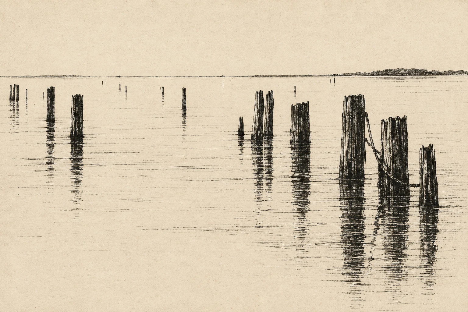 Mooring posts and their reflections in cream, olive, stone; landscape artwork.