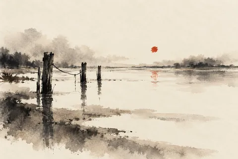 Mooring posts and their reflections in cream, stone, gray, brown; landscape artwork.