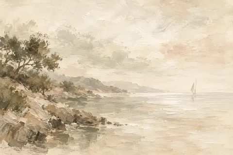 A single distant sail reduced to two strokes in cream, sand, taupe, stone; landscape artwork.