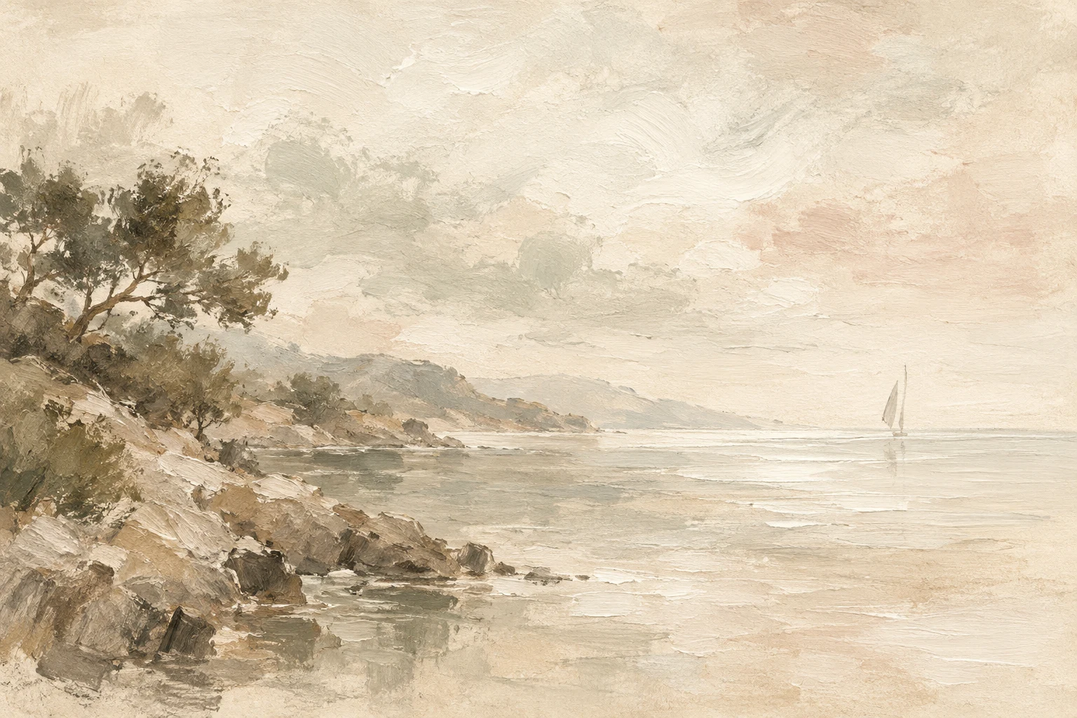 A single distant sail reduced to two strokes in cream, sand, taupe, stone; landscape artwork.