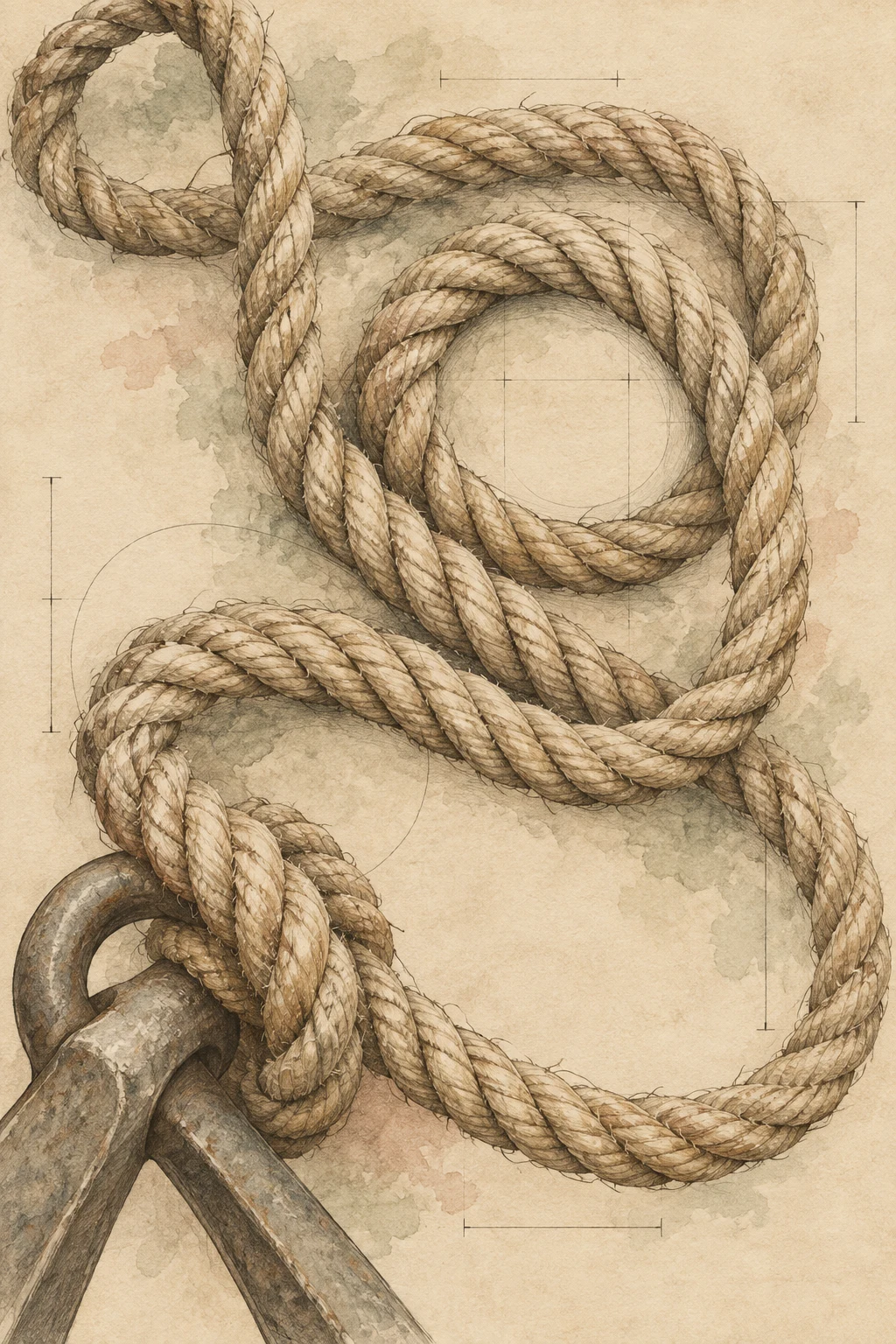 An anchor rope coiled in cream, stone, taupe, sage; portrait artwork.