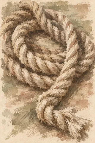 An anchor rope coiled in sand, taupe, cream, stone; portrait artwork.