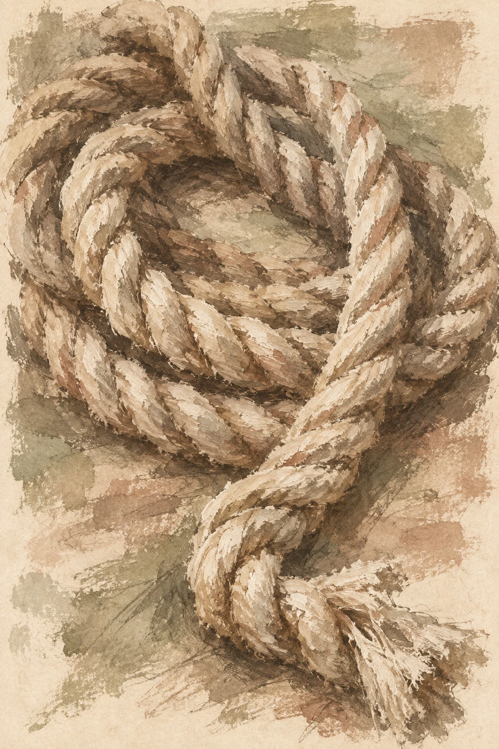 An anchor rope coiled in sand, taupe, cream, stone; portrait artwork.