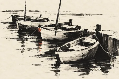 A row of small boats at rest, from above in cream, black, white, stone; landscape artwork.