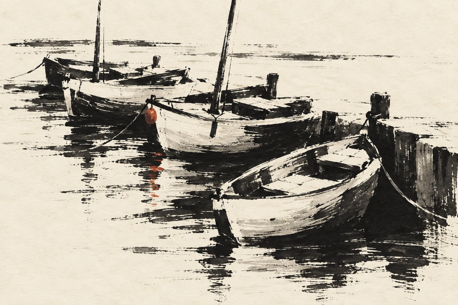 A row of small boats at rest, from above in cream, black, white, stone; landscape artwork.