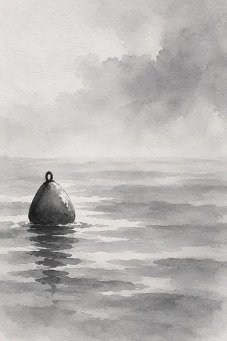 A buoy alone on gray water in cream, stone, gray; portrait artwork.