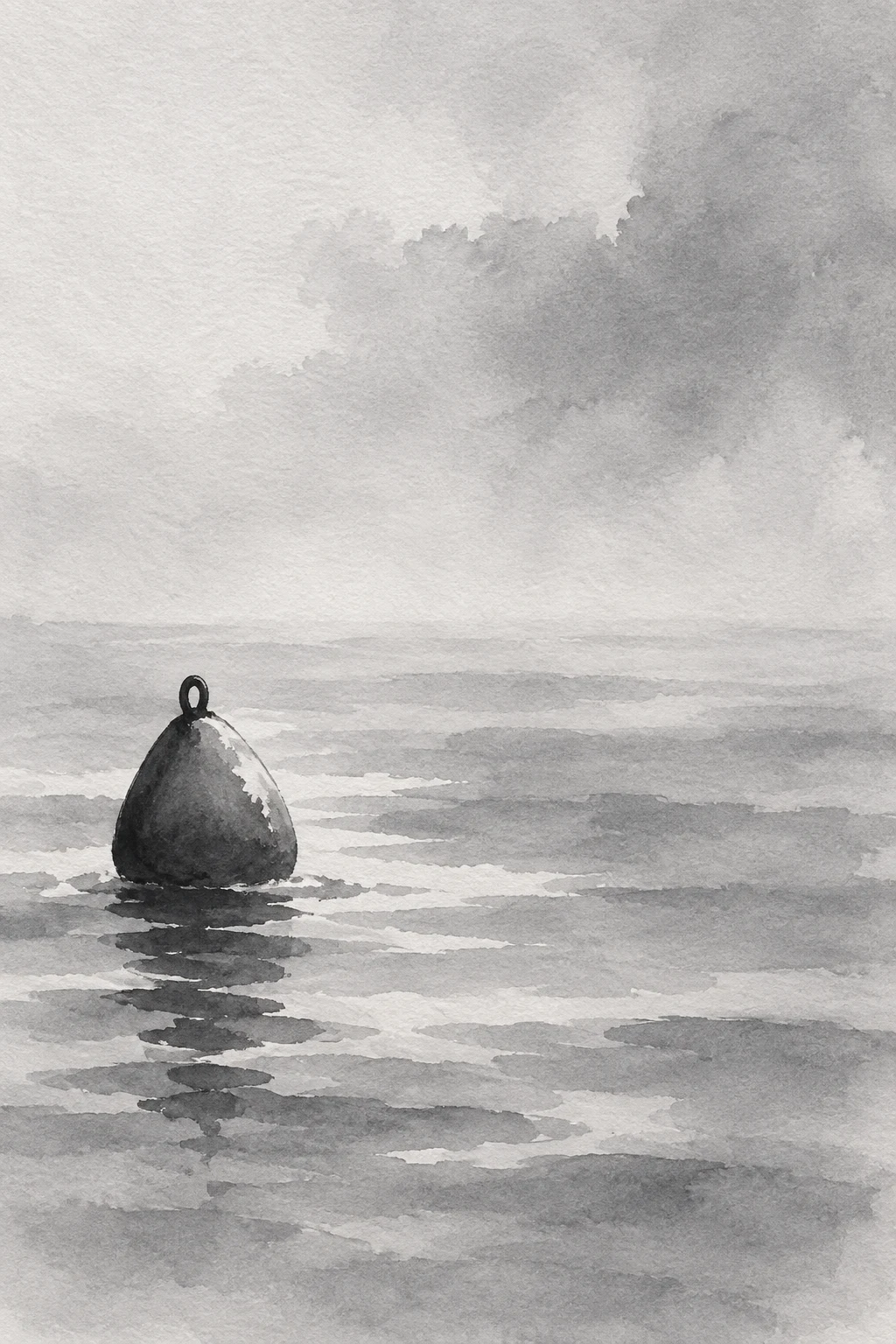 A buoy alone on gray water in cream, stone, gray; portrait artwork.