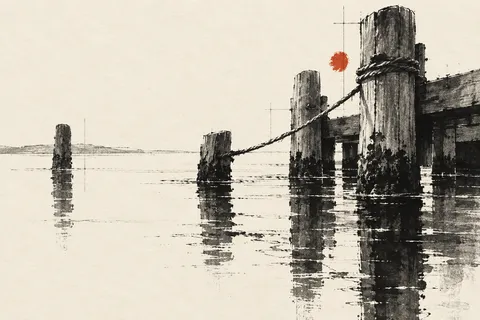 Mooring posts and their reflections in white, cream, charcoal, black; landscape artwork.