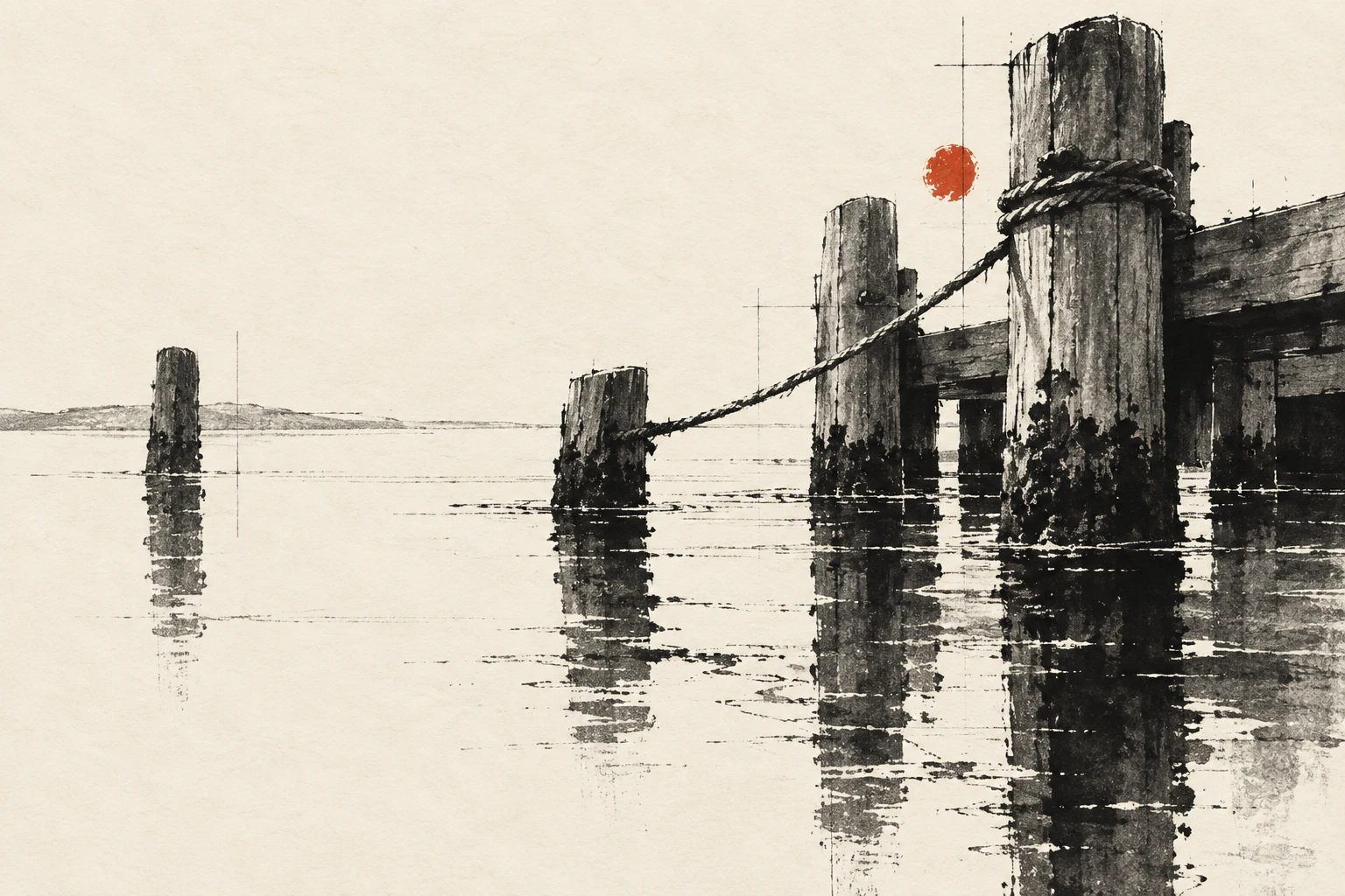 Mooring posts and their reflections in white, cream, charcoal, black; landscape artwork.