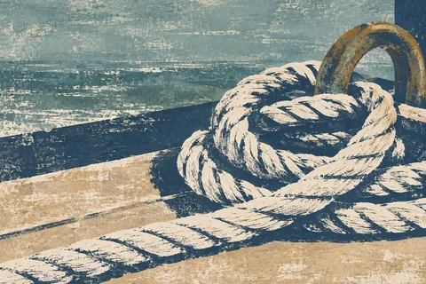 An anchor rope coiled in gray, charcoal, stone, cream; landscape artwork.