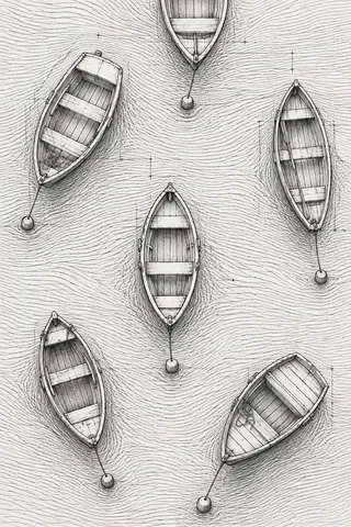 A row of small boats at rest, from above in cream, stone, gray; portrait artwork.