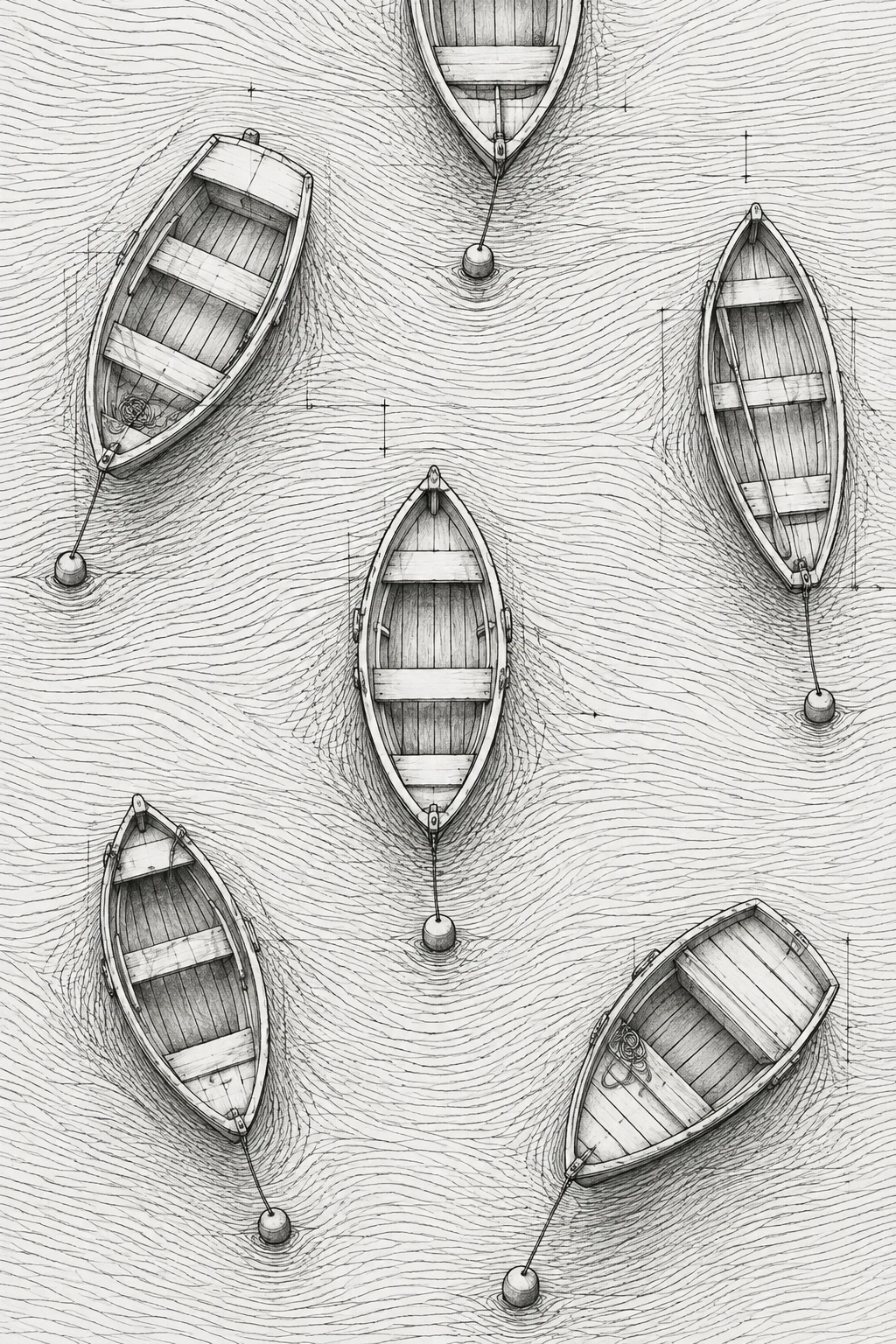 A row of small boats at rest, from above in cream, stone, gray; portrait artwork.
