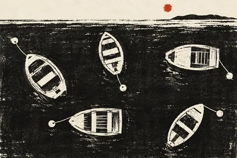 A row of small boats at rest, from above in black, cream, charcoal, stone; landscape artwork.