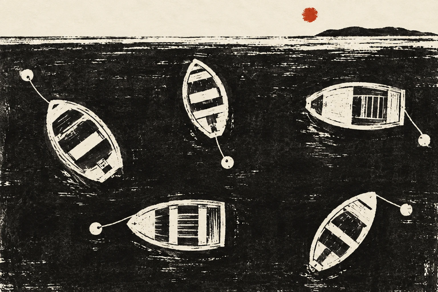 A row of small boats at rest, from above in black, cream, charcoal, stone; landscape artwork.