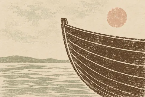 A boat hull curve entering from one edge in cream, stone, brown, olive; landscape artwork.
